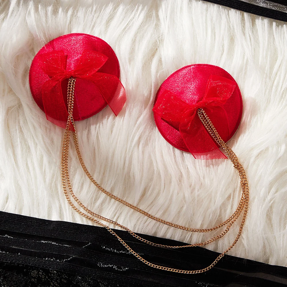 

Sexy 1pair Chain Linked Bow Decor Nipple Stickers Women Bra Nipple Cover Reusable Wear Silicone Nipple Pasties Chest Stickers