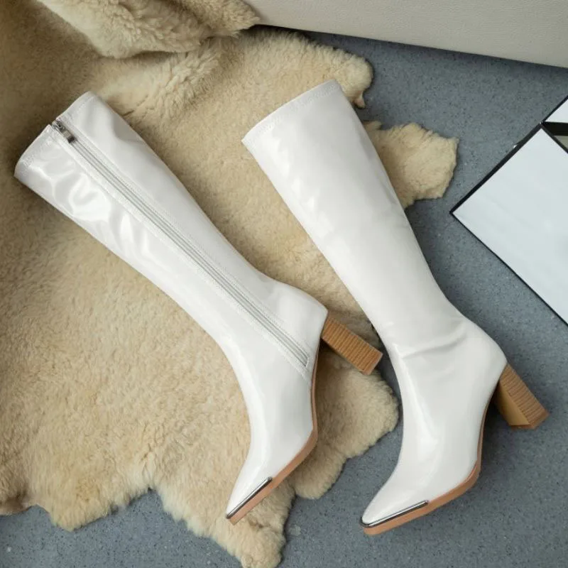

Rizabina New Women High Heel Boots Square Toe Zipper Shoes Thick Boots Women Fashion Winter Shoes Party Women Size 34-50