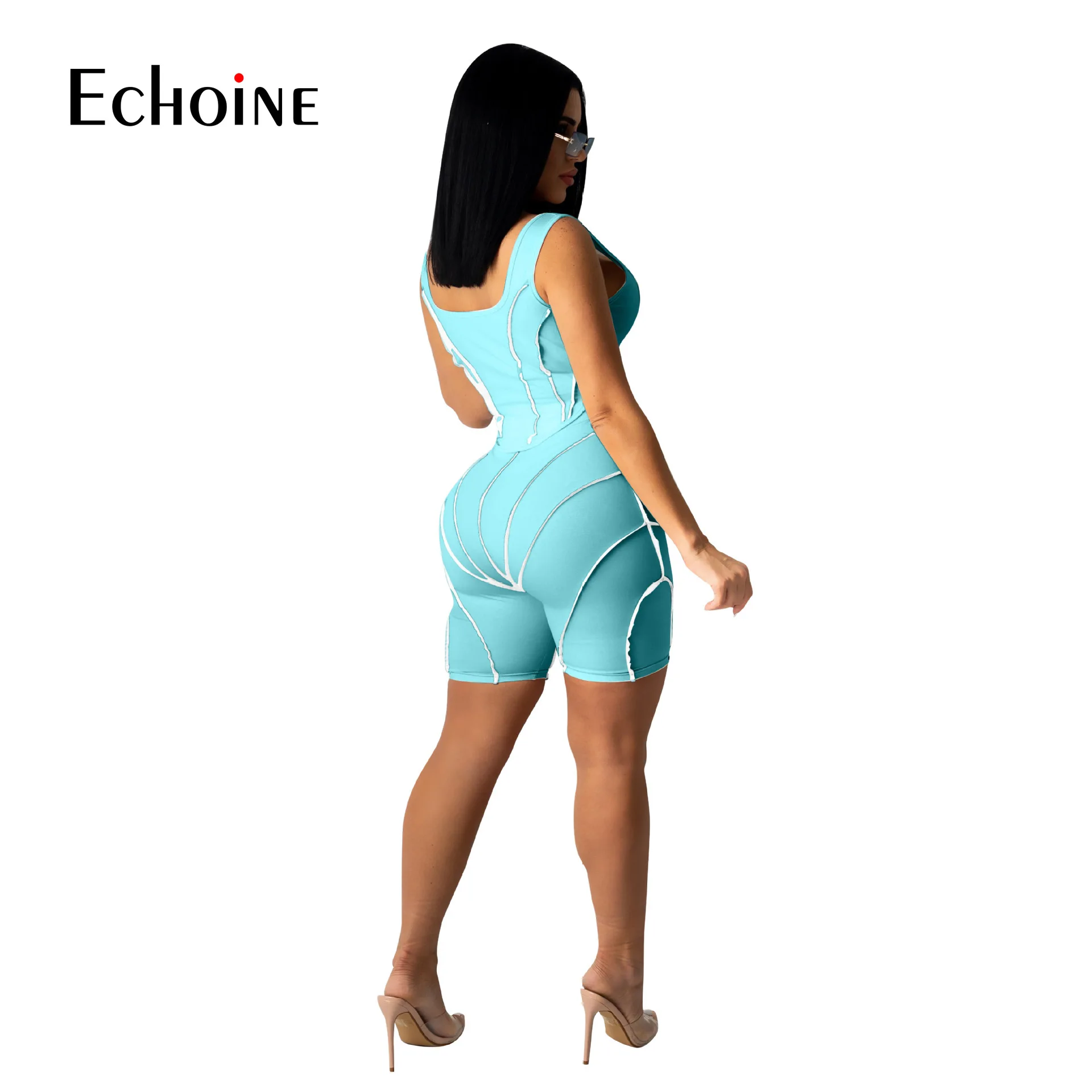 

Echoine Women Solid Bright Line zipper Vest Crop Top and Biker Shorts Two Piece Sets Active Tracksuit Sweatsuit Summer Outfits