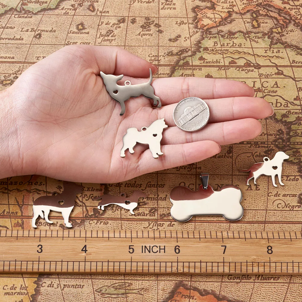 

16Pcs Stainless Steel Dog Animal Charms Metal Pet Dog Paw Pendants Blank Tag for Jewelry Craft Keychain Making