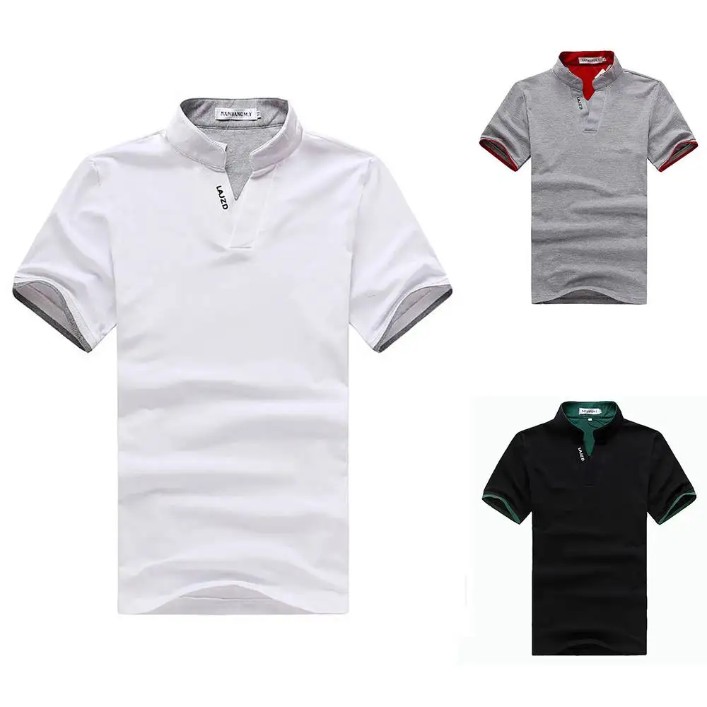 

On Sale Men's V-neck Soild Polo Shirts Men's Stand Collar Contrast Casual Shirts Summer Business Slim Fashion Letter Knit Shirt