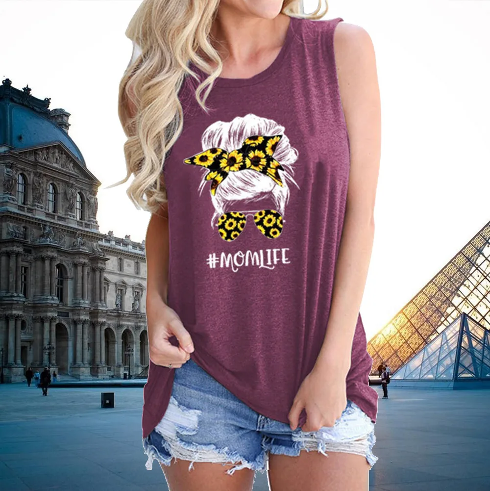 

#momlife Mother's Day Print Women's Tank Tops O-neck Sleeveless Skull Sunflowers Graphic Summer Ladies Oversize Loose Vest Shirt