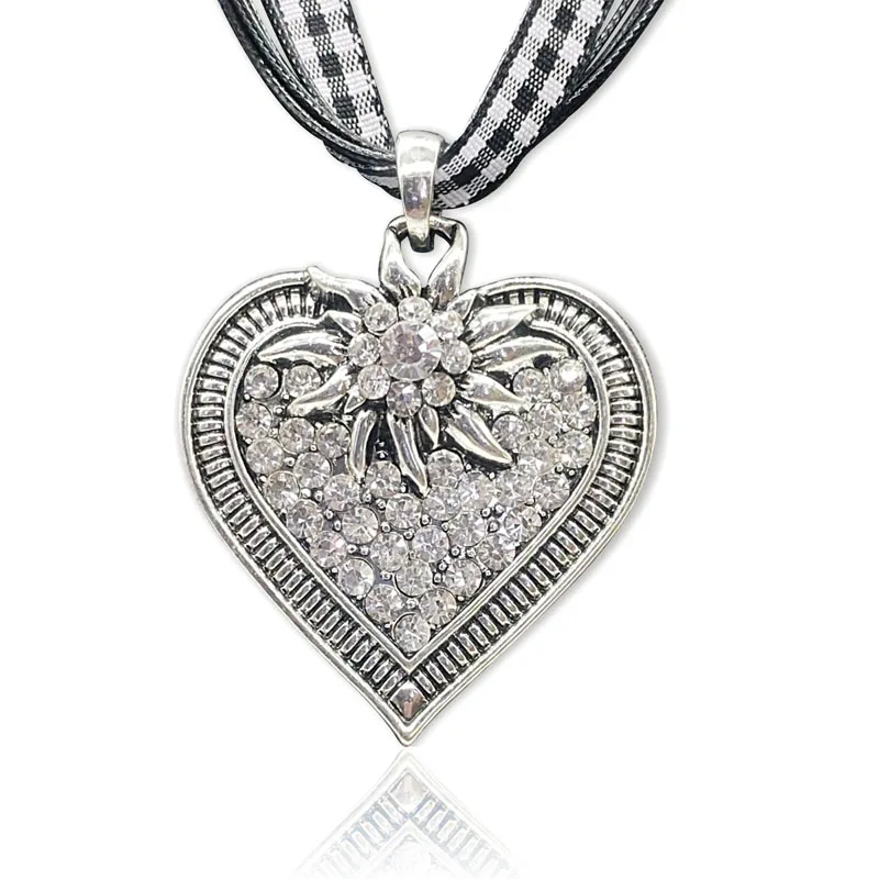 New Antique Silver Heart Shape Flower Necklaces Pendant Charm Ribbon Cord Choker Necklace Woman Party Jewelry Wholesale | Украшения и