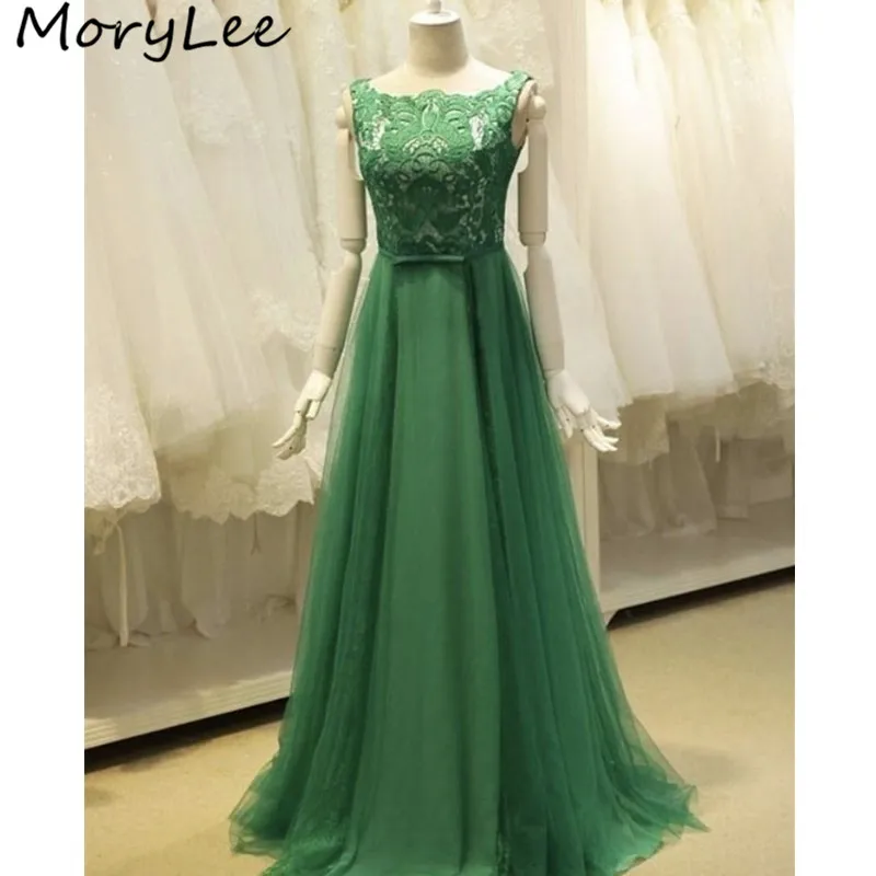 

Green Evening Dresses 2020 Scoop Sleeveless Sweep Train Soft Tulle Lace Applique Evening Dresses vestidos de fiesta de noche