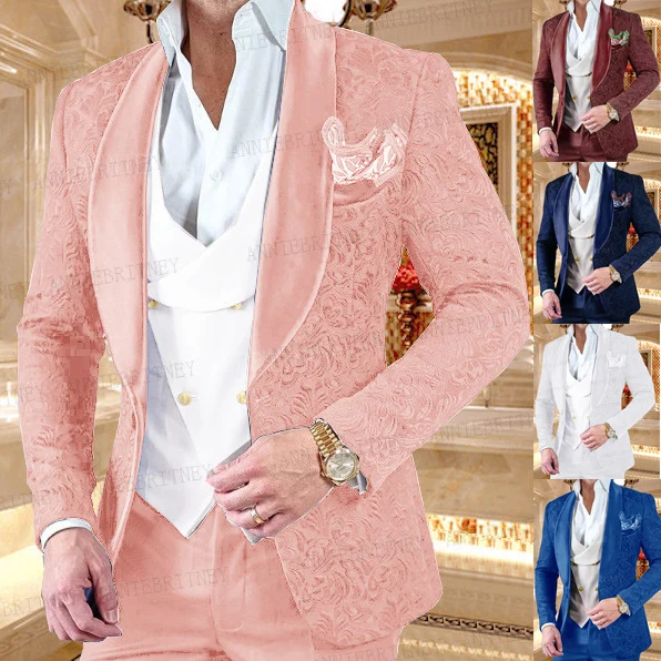 

Fashion Wedding Mens Suits 3 Pieces Custom Made Best Man Groom Suit Tuxedo Slim fit Navy Blue Jacquard Blazer with Vest Pant Set