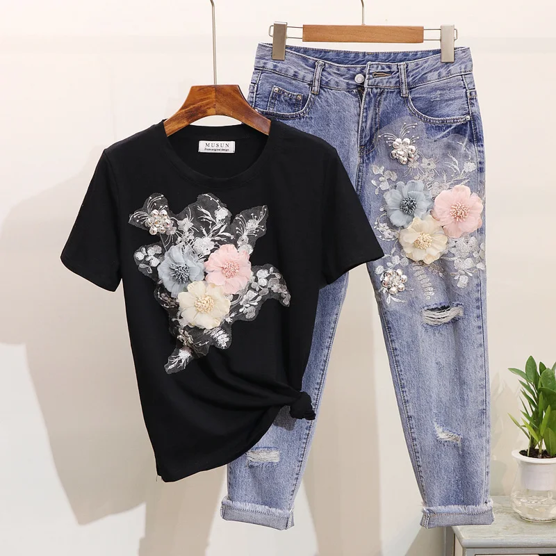 Europe America Women Heavy Work Embroidery 3D Flower Tshirts + Jeans 2pcs Clothing Sets Summer Casual Suits plus size | Женская одежда