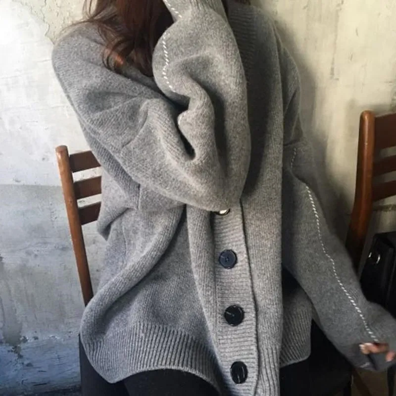 Heliar Women Sweater Streetwear Fashion Long Casual Solid Knitting Cardigans Buttoned Up V-Neck Plus Size |