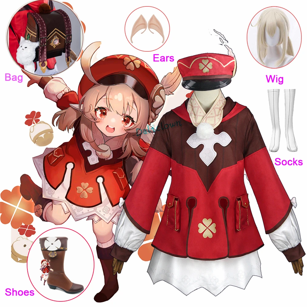 

Genshin Klee Cosplay Одежда Backpack геншин импакт Wig Shoes Dress Costume Girls Game Sets Impact Project Halloween XXXL