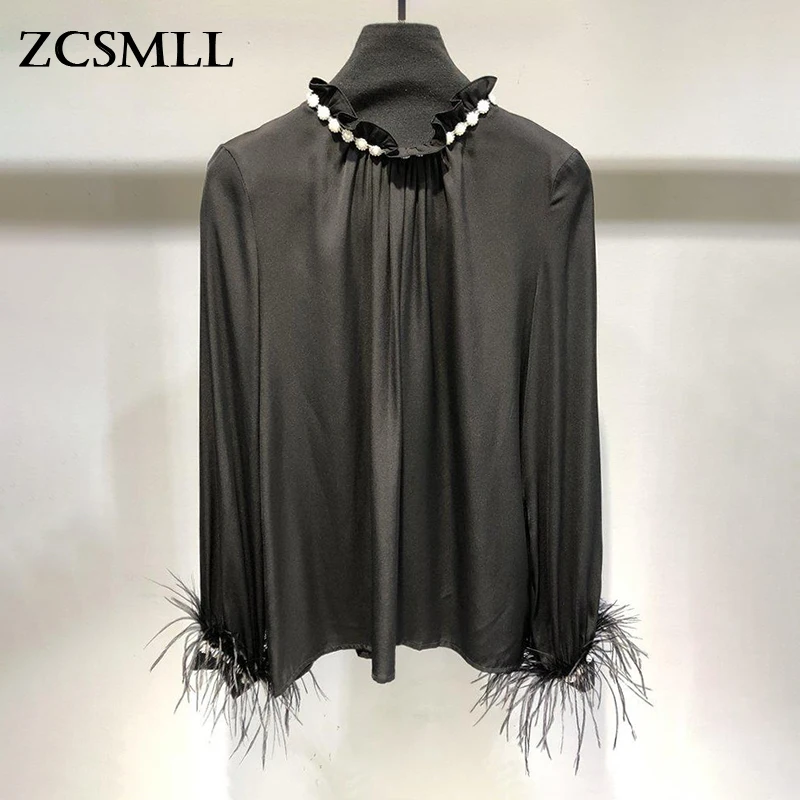 

ZCSMLL Patchwork Pearls Solid Slim Casual Temperament Shirt Female Lapel Long Sleeve Blouse For Women Autumn Style 2021 TH465