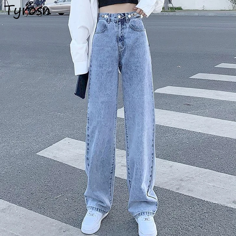 

Jeans Women Blue Loose All-match Wide-leg Denim Trousers Casual Korean Style Zipper Fly Mopping Adjustable Waist Jean Teens Chic