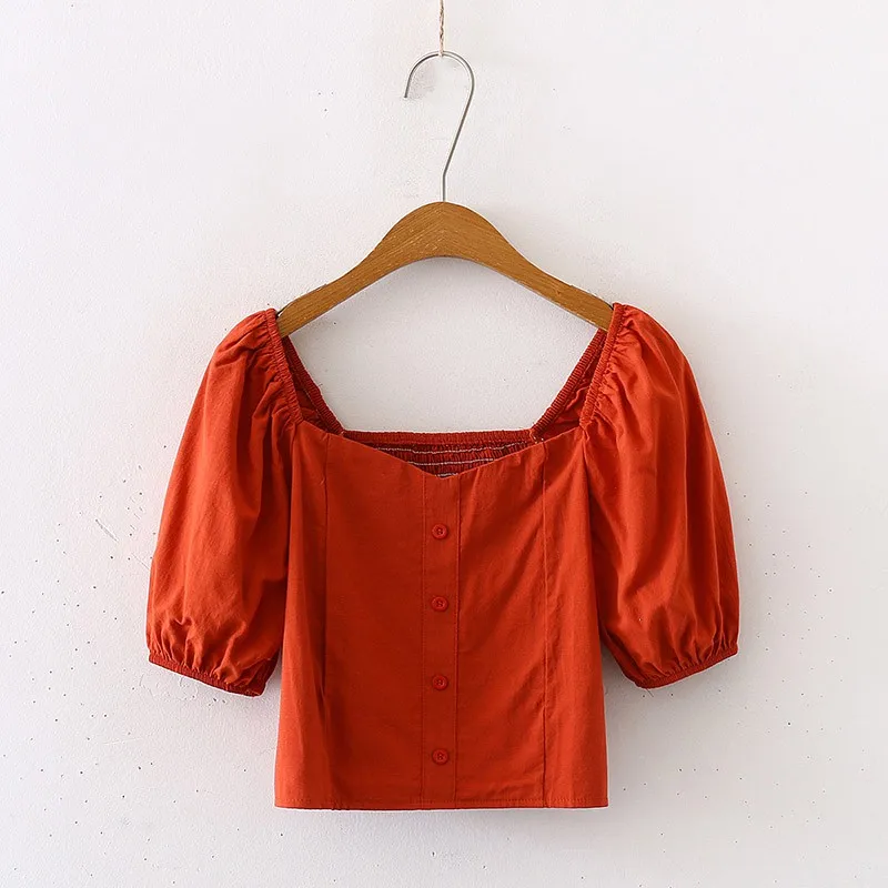 

New Summer Vintage Puff Sleeve Women Blouse Solid Color Square Neck Korean Style Tops Elegant Sexy Slim Blouse