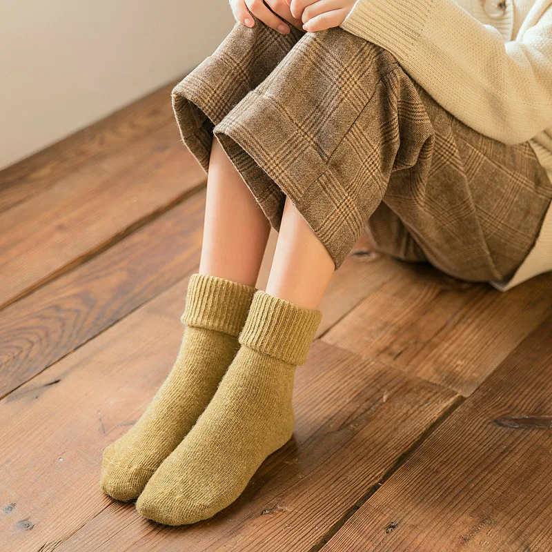 

Winter Socks Ladies Pure Color Thick Warm Double Needle Wool Socks Japanese Retro Color Wild Pile Socks Turn-over Socks