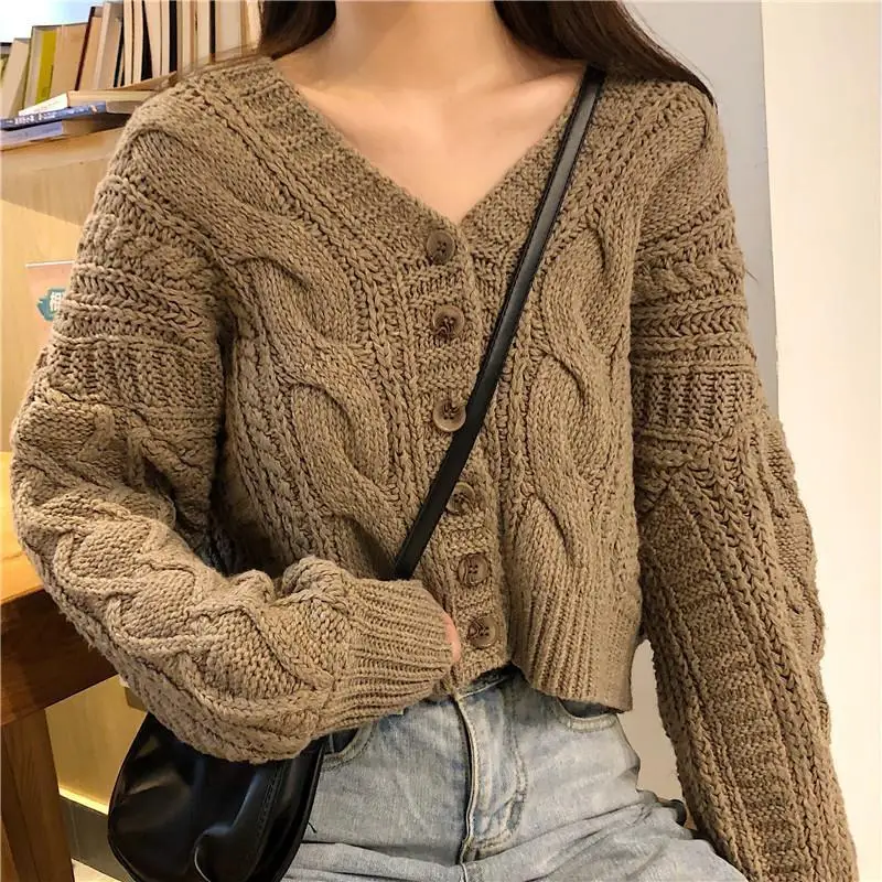 

2021 New Spring and Autumn Short High Waist Solid Color Sweater Women's Single-breasted Knitted Cardigan Sweater Women's Jacket