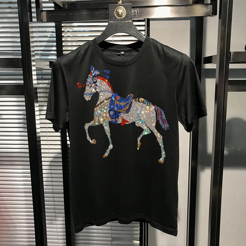mens stock fashion anti wrinkle t shirt hot drilling oversized animal pattern brand new 4 colors short sleeve free global shipping