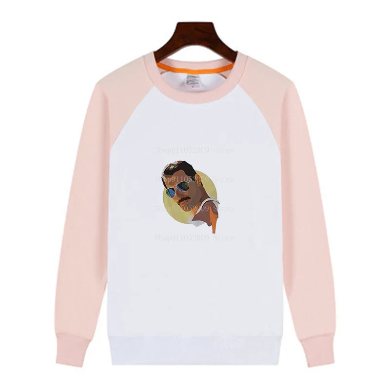 

Freddie Mercury Queen 90s Casual Clothing Thick Warm Velvet Crewneck Pullover Pink Sleeves White Sweatshirt Variety Optional