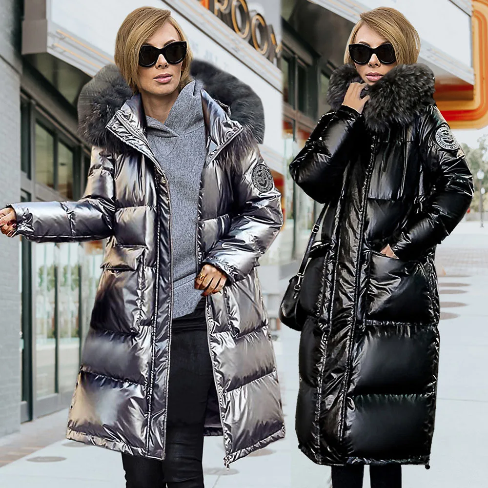 Women's S-XXL Winter Thickening Casual Long Hooded Jacket Black Shiny Parka Fur Collar Jacket Fashion Warm Down Jacket