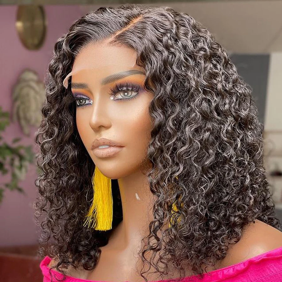 12Inch Short Bob Curly Synthetic Lace Front Wig Glueless 13x4 Lace Wigs For Black Women Daily Wear Fiber Hair Wigs 180%Density