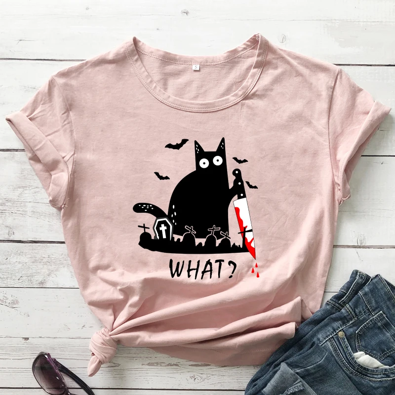 

Black Cat What Murderous Colored Print T-shirt Trendy Cat Mom Halloween Tshirt Funny Women's Autumn Holiday Graphic Tees Tops