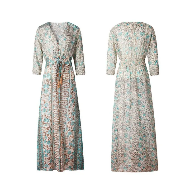 

large size bohemian dress autumn and winter print fashion is thin and temperament travel and vacation ladies long base dress