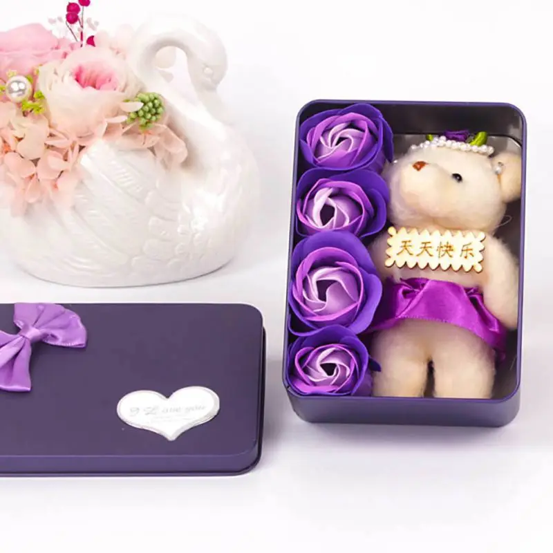 

4Pcs Scented Rose Flower Petal Bouquet Gift Box With Bear Bath Body Soap Gift Wedding Party Favor Valentine\\'s Day present