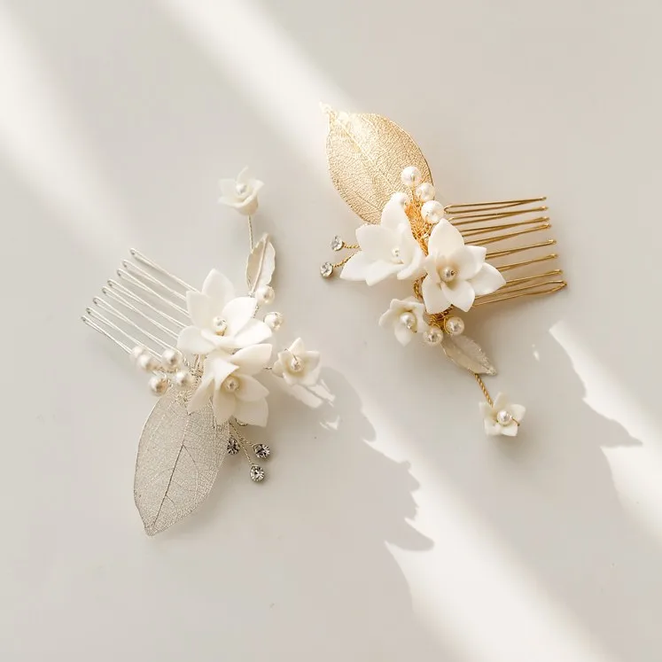 Женская небольшая гребень для волос с жемчугом белый фарфоровый цветок