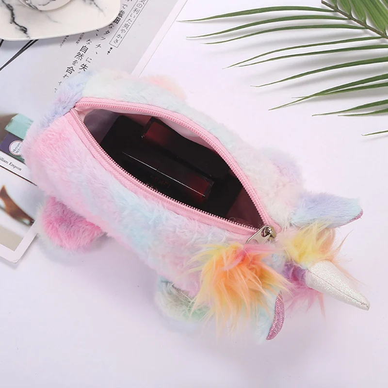 

New High-quality Cute Unicorn Pencil Case Color Cosmetic Bag Double-sided Reversible Kids Plush Pencilcase Handbag For School