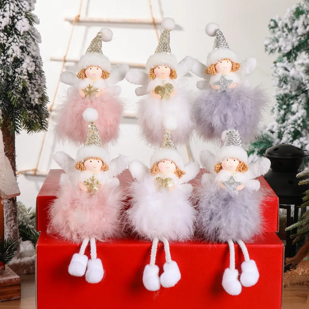 

Christmas Angel Feather Dolls Cute Xmas Tree Ornament Christmas Decor Plush Wall Stuff for New Year 2021 Kids Girl Gift