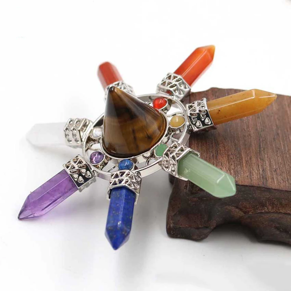 

7 Chakras Natural Crystals Amethyst Tiger Eye Stone Hexagonal Prism Point Cone Pyramid for Energy Meditation Orgonite Pyramid