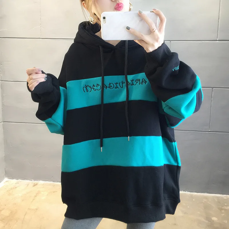 

Новая женская толстовка осень-зима в Корейском стиле Свободные Лоскутные толстовки свободного покроя с длинным рукавом Толстая флисовая Т...