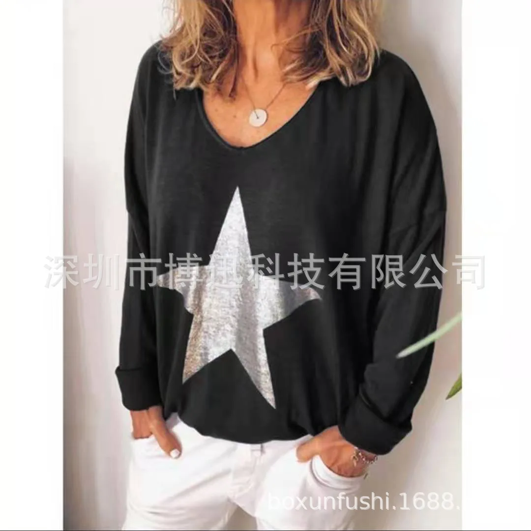 

Autumn new five pointed star print V-Neck long sleeve T-shirt blouse