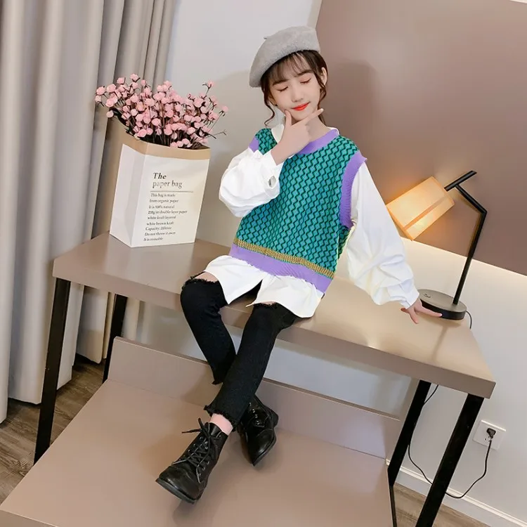 

2021 new children's long-sleeved girls spring and autumn clothes, big children's vest shirt children's clothing