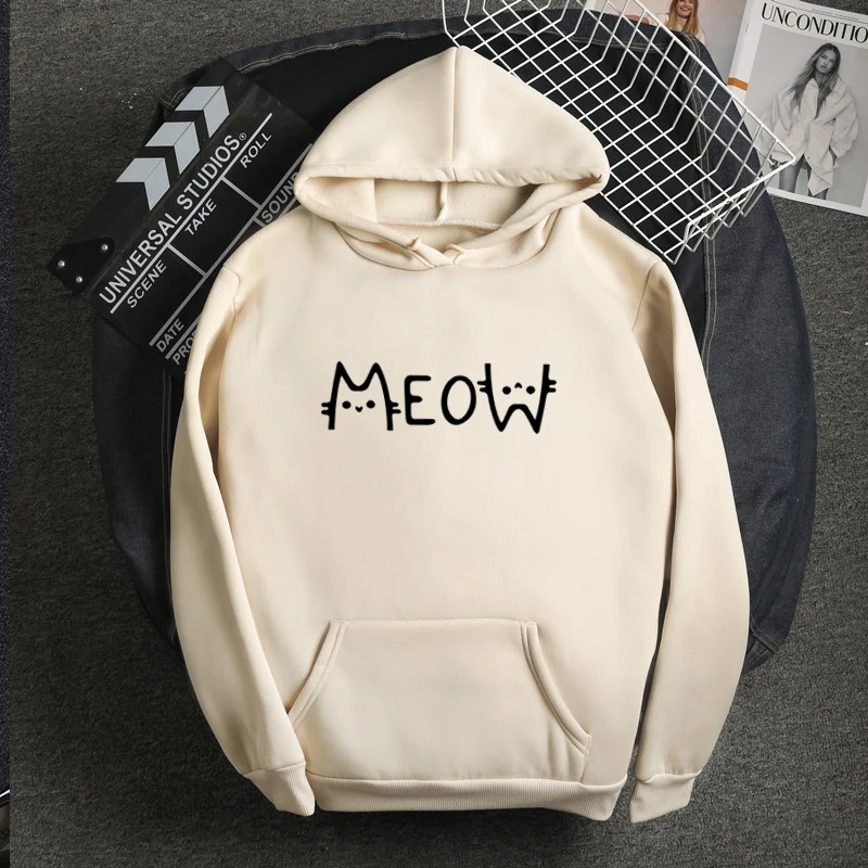 

New Candy Colors Harajuku Style Casual Sweatshirt Cartoons Kawaii Cat Meow Print Pattern Japan Korean Fleece Women Hoodies