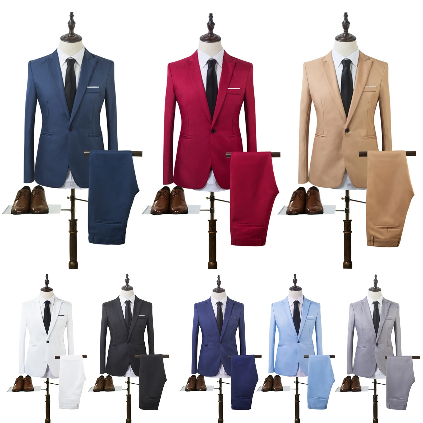 

Men's Plain Suit Slim Fit Two Piece Coat Pants Trousers Formal Wedding Groom S