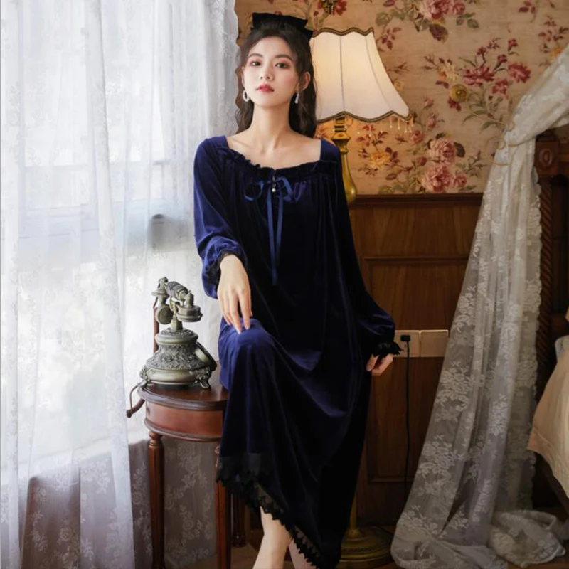 

Female Winter Full Sleeves Thicken Velvet Homedress Fashion Square Collar Loose Women Home Clothes Long Style Princess Nightgown
