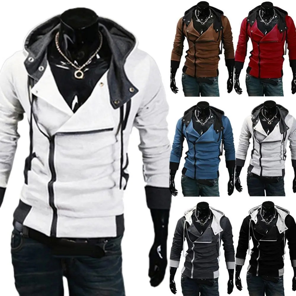 

Men Patchwork Cardigan Hoodies Plus Size Long Sleeve Diagonal Zipper Drawstring Hood Loose Sports Coat Autumn Slim Sportswear
