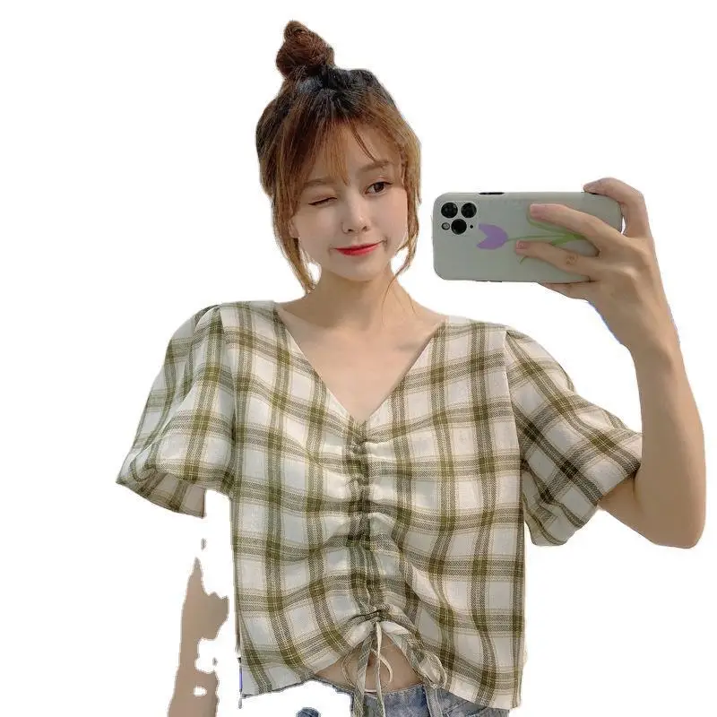 

Design sense Plaid short sleeve T-shirt women 2021 summer new drawstring bubble sleeve short sleeve V-neck short navel top