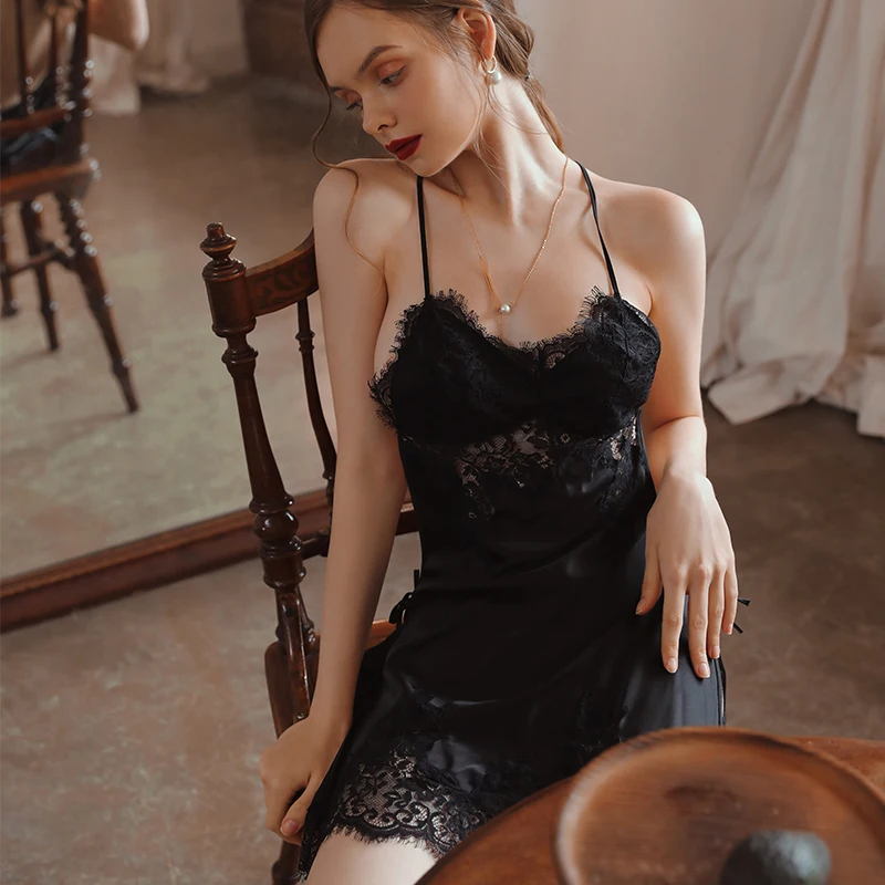 

Beauty Back Sexy Lace Sleepwear Women Ice Silk Hollow Split Nightgowns Small Chest Temptation Sling Nightdress Lingerie Dropship