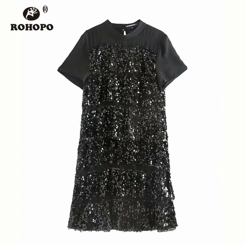 ROHOPO Short Sleeve Black Sequined Mini Dress Cascading Ruffles Splice Mesh Ladies Shiny Party Vestido #9442 | Женская одежда