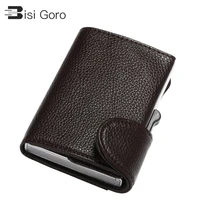 bisi goro 2021 smart wallet rfid single safety box credit card holder vintage pu leather soft men and women pop up card wallet