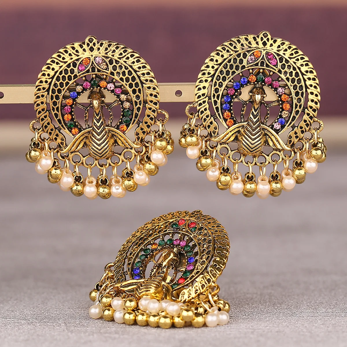 

Ethnic Women's Peacock India Earring/Ring Set Bijoux Wedding Jewelry Hangers Bohemia Pearl Beads Tassel Jhumka Earrings Hangers