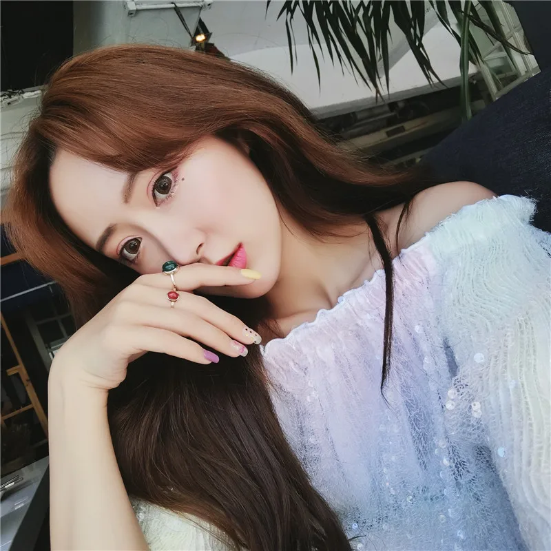 Корея Ретро Простой дизайн красный зеленый круглый драгоценный камень кольцо