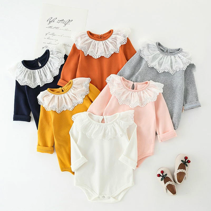 

New Autumn Korean Style Newborn Baby Girl Clothes Cotton Casual Solid Floral Lace Ruffled Collar Long Sleeve Baby Bodysuit 0-18M