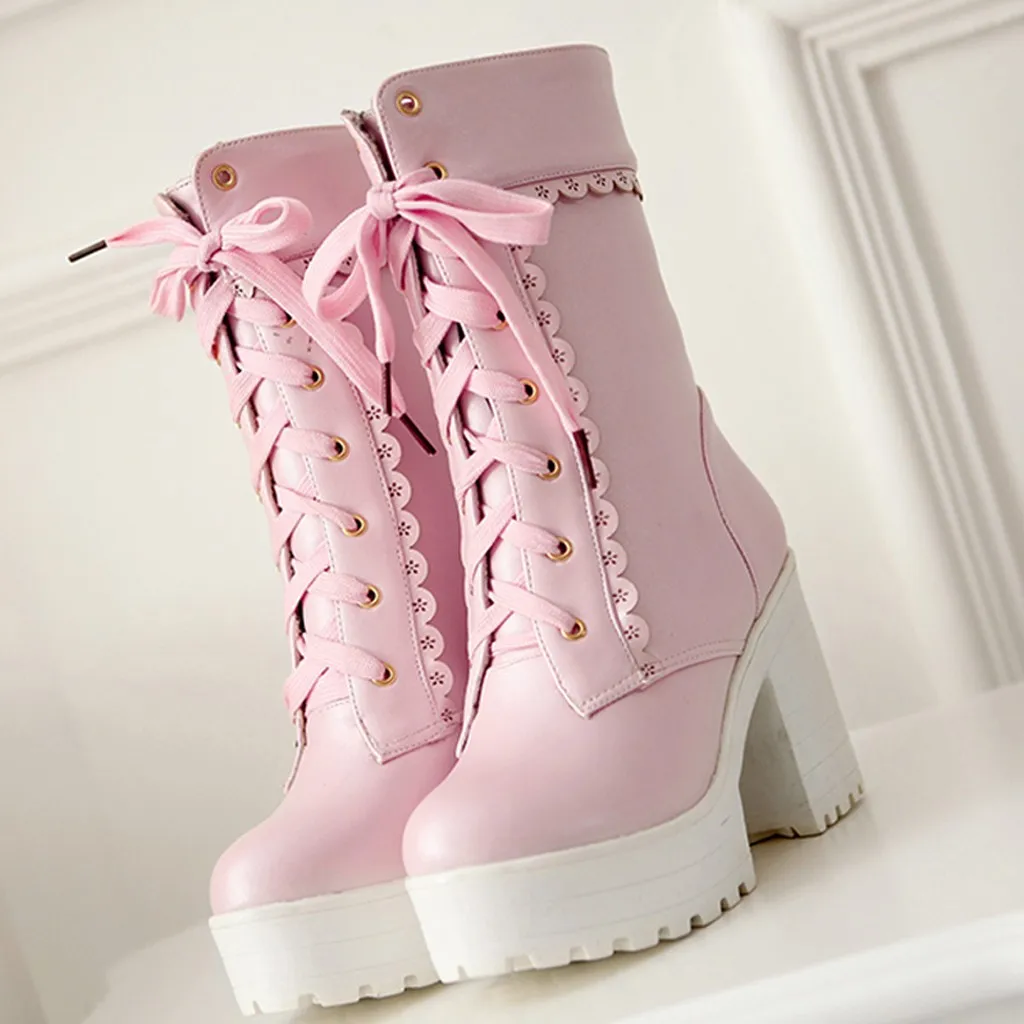 Женские ботинки на блочном каблуке из искусственной кожи платформе со шнуровкой