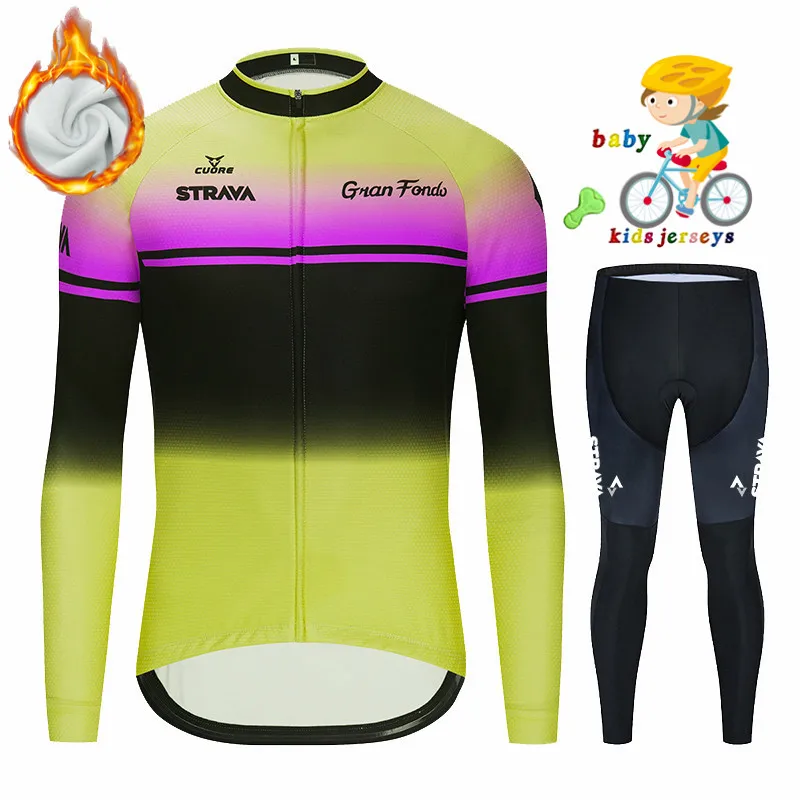 

2020 STRAVA Boy Winter Long Sleeve Cycling Jersey Set Pro Team Cycling Clothes Thermal Fleece MTB Cycle Kids Road Bike Uniform