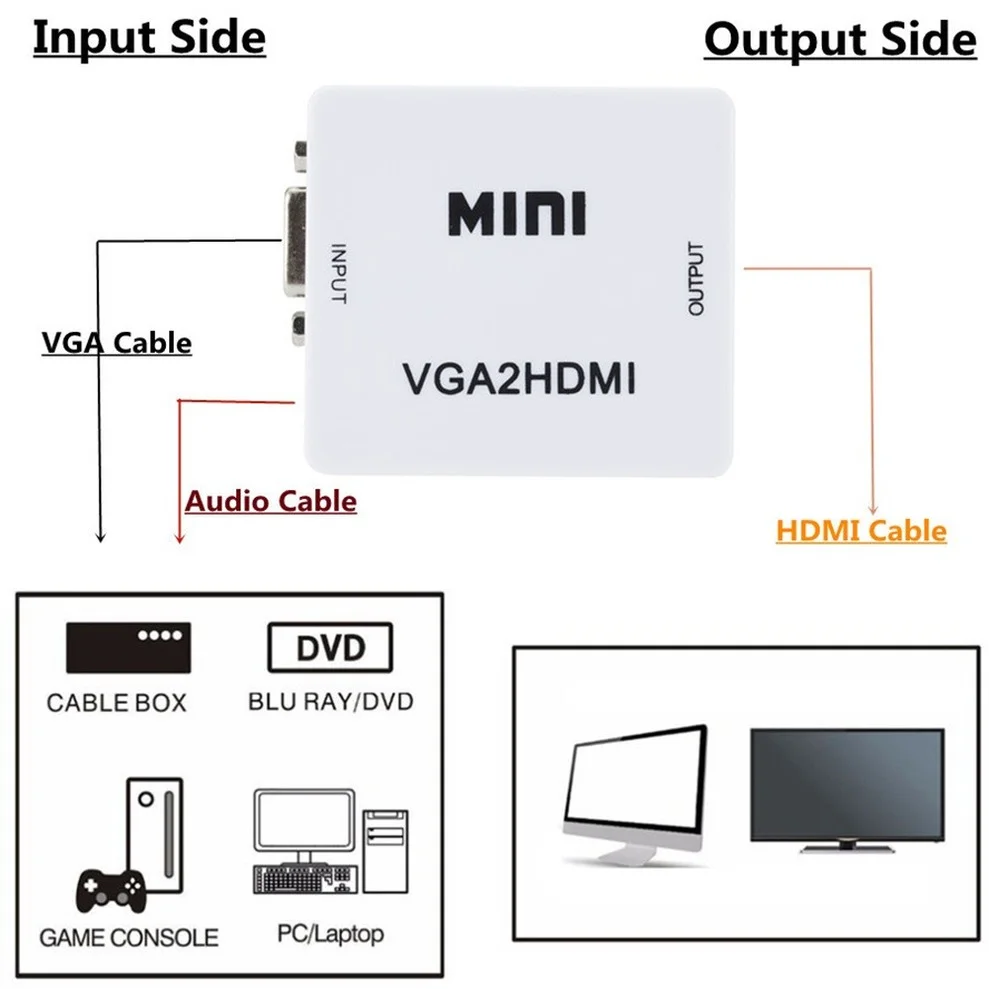 Конвертер VGA-HDMI-совместимый портативный мини-видеоадаптер VGA2HDMI 1080P для ноутбуков