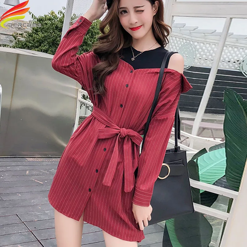

Autumn Shirt Dress 2020 New Arrival O Neck Red Striped Off Shoulder Dress With Belt Long Sleeve Dresses Elegant Woman Clothes