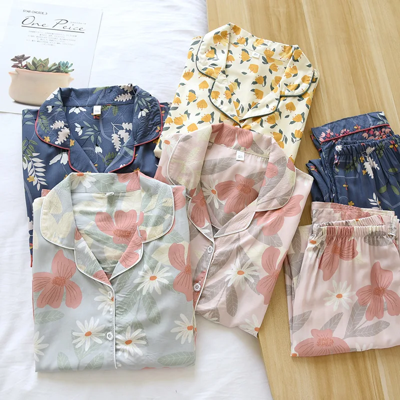 

Women Turn-Down Collar Pajamas Set Cardigan trousers two pieces set printed Homewear sleepwear women bedroom set lounge wear
