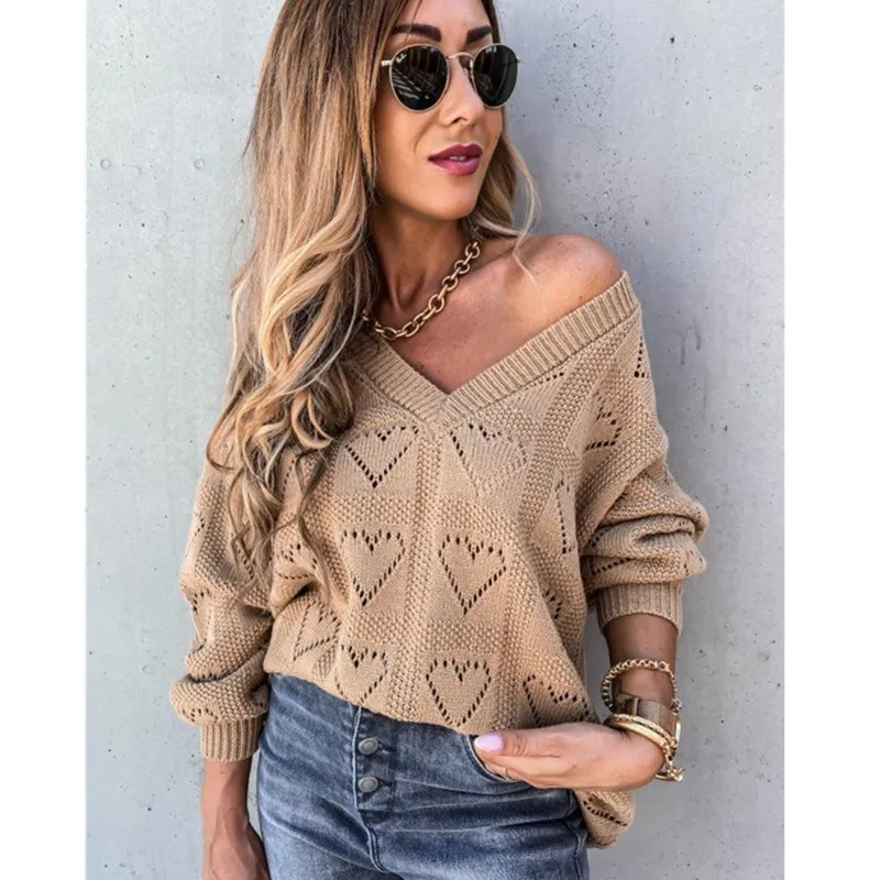 

2020 Women's autumn winter new European and American eBay WISH solid color V-neck heart hollow loose knitting sweater