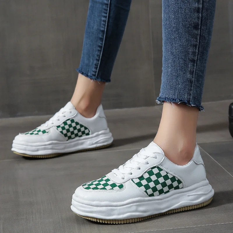 

2021 summer new leather stitching thick sole shoes personality lattice small white shoes casual sports women's shoes
