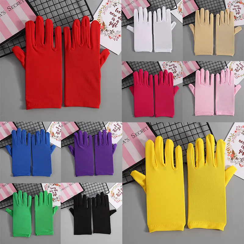 

Women Spandex Gloves Milk Silk Pure Color Etiquette Gloves 1Pairs Show Evening Party Stretch Mittens Formal Prom Costume Gloves